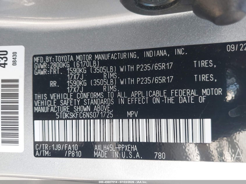 2022 Toyota Sienna VIN 5TDKSKFC6NS071725 IAAI salvage auction — FRONT END, Wait Title, sold $15,850 on 2026-08-19 (photo 9)