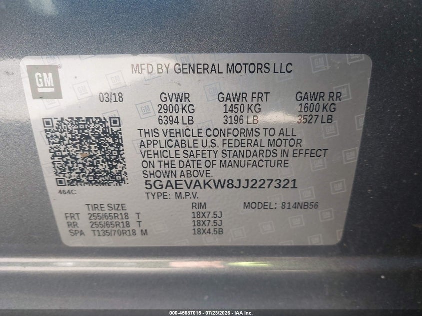 2018 Buick Enclave VIN 5GAEVAKW8JJ227321 IAAI salvage auction — THEFT, Salvage (District Of Columbia), sold $2,650 on 2026-07-31 (photo 9)