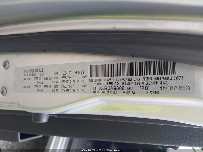 2017 Ram 1500 VIN 3C6JR6DG7HG680983 IAAI salvage auction — NORMAL WEAR, Sf97 (Virginia), sold $10,650 on 2026-08-19 (photo 9)