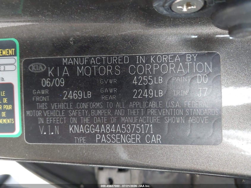 2010 Kia Optima VIN KNAGG4A84A5375171 IAAI salvage auction — SIDE, Salvage (Pennsylvania), sold $975 on 2026-07-31 (photo 9)