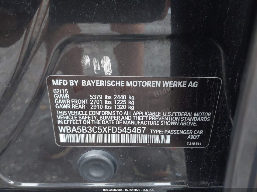 2015 BMW 5er VIN WBA5B3C5XFD545467 IAAI salvage auction — LEFT & RIGHT, Salvage Title, sold $50 on 2026-08-15 (photo 9)