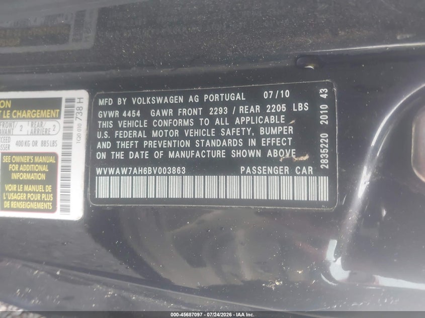 2011 Volkswagen Eos VIN WVWAW7AH6BV003863 IAAI salvage auction — NORMAL WEAR, Clear (South Carolina), sold $25 on 2026-08-04 (photo 9)