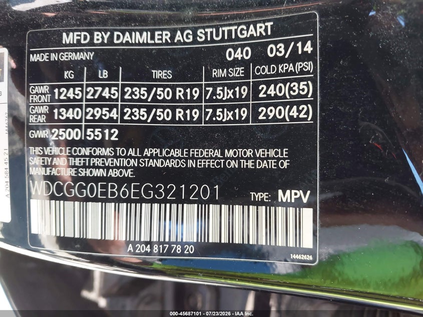 2014 Mercedes-benz VIN WDCGG0EB6EG321201 IAAI salvage auction — FRONT END, Salvage Title, sold $1,800 on 2026-08-13 (photo 9)