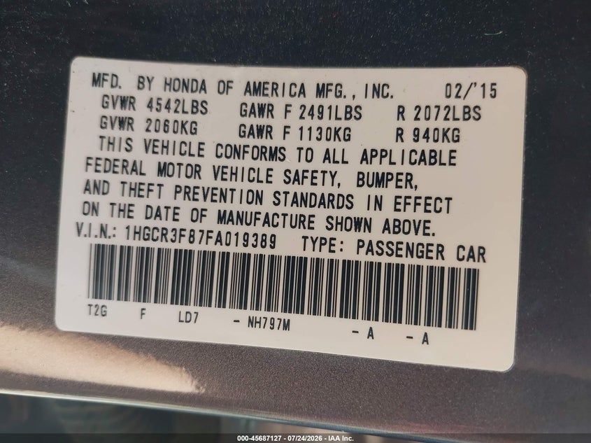 2015 Honda Accord VIN 1HGCR3F87FA019389 IAAI salvage auction — FRONT END, Clear (Massachusetts), sold $2,850 on 2026-07-29 (photo 9)