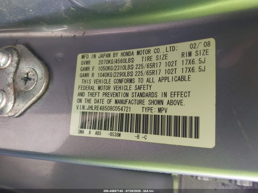 2008 Honda Cr-v VIN JHLRE48508C054721 IAAI salvage auction — NORMAL WEAR, Clear - Dealer Only (California), sold $875 on 2026-07-30 (photo 9)