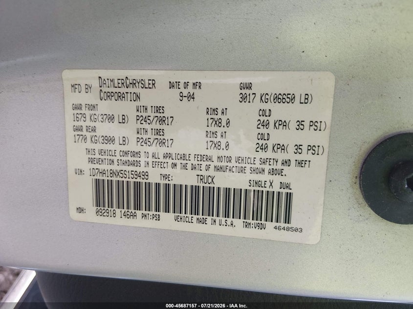 2005 Dodge Ram 1500 VIN 1D7HA18NX5S159499 IAAI salvage auction — FRONT END, Clear (Tennessee), sold $450 on 2026-07-24 (photo 9)