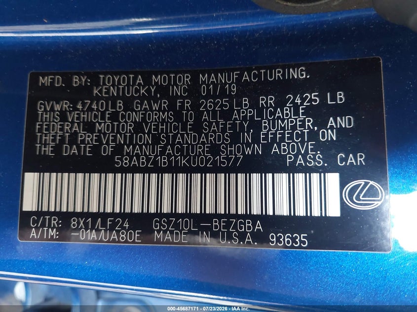 2019 Lexus ES VIN 58ABZ1B11KU021577 IAAI salvage auction — REAR END, Salvage Title, sold $11,900 on 2026-09-16 (photo 9)