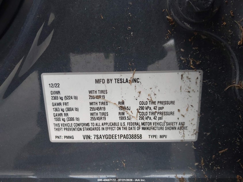 2023 Tesla Model y VIN 7SAYGDEE1PA038858 IAAI salvage auction — ROLLOVER, Salvage Title, sold $4,600 on 2026-08-02 (photo 9)
