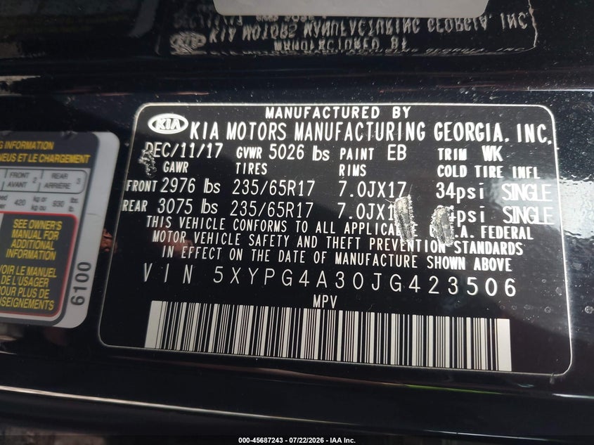 2018 Kia Sorento VIN 5XYPG4A30JG423506 IAAI salvage auction — NORMAL WEAR, Clear (Pennsylvania), sold $1,550 on 2026-07-28 (photo 9)
