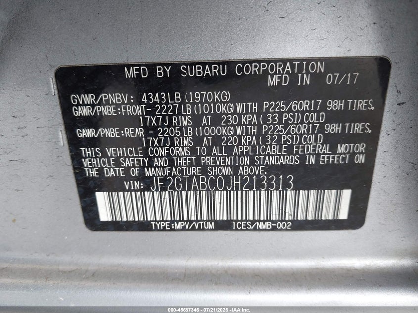 2018 Subaru Xv VIN JF2GTABC0JH213313 IAAI salvage auction — NORMAL WEAR, Clear (Florida), sold $675 on 2026-07-28 (photo 9)