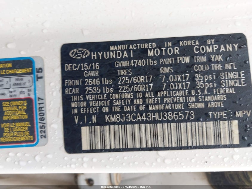 2017 Hyundai Tucson VIN KM8J3CA43HU386573 IAAI salvage auction — SIDE, Salvage Title, sold $2,250 on 2026-09-10 (photo 9)