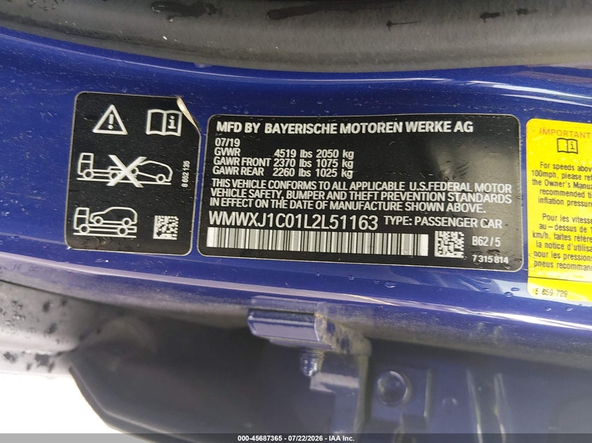 2020 Mini Clubman VIN WMWXJ1C01L2L51163 IAAI salvage auction — FRONT END, Salvage Title, sold $100 on 2026-08-17 (photo 9)