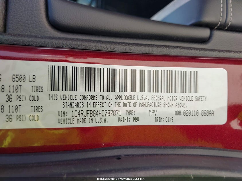 2017 Jeep Grand cherokee VIN 1C4RJFBG4HC787871 IAAI salvage auction — WATER/FLOOD, Wait Title, sold $4,900 on 2026-08-23 (photo 9)