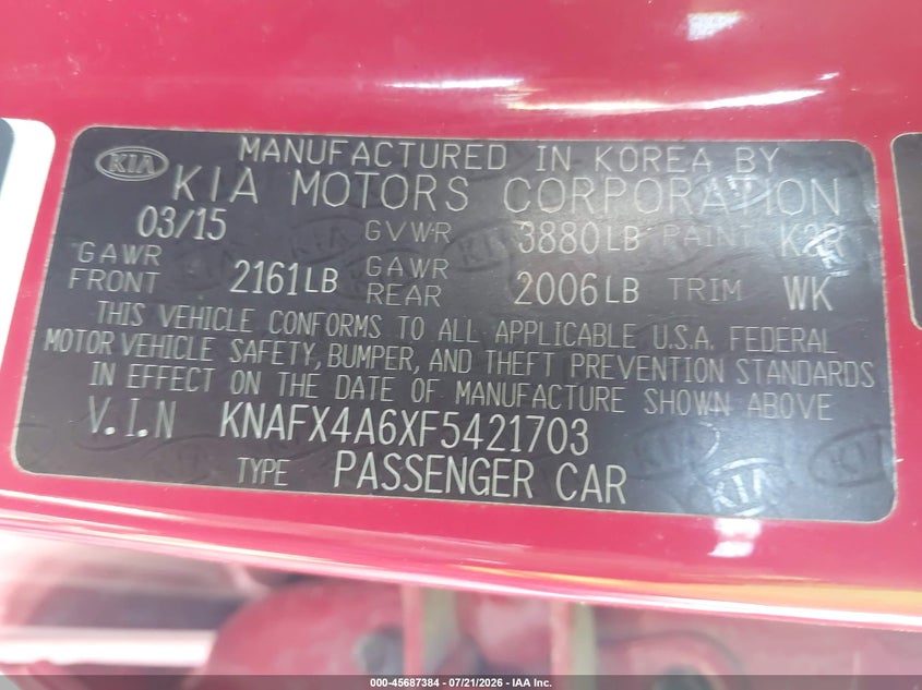 2015 Kia Forte VIN KNAFX4A6XF5421703 IAAI salvage auction — NORMAL WEAR, Clear (Kansas), sold $50 on 2026-07-28 (photo 9)