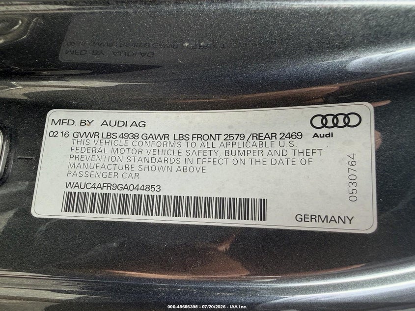 2016 Audi S5 VIN WAUC4AFR9GA044853 IAAI salvage auction — NORMAL WEAR, Salvage Title, sold $25 on 2026-07-29 (photo 9)