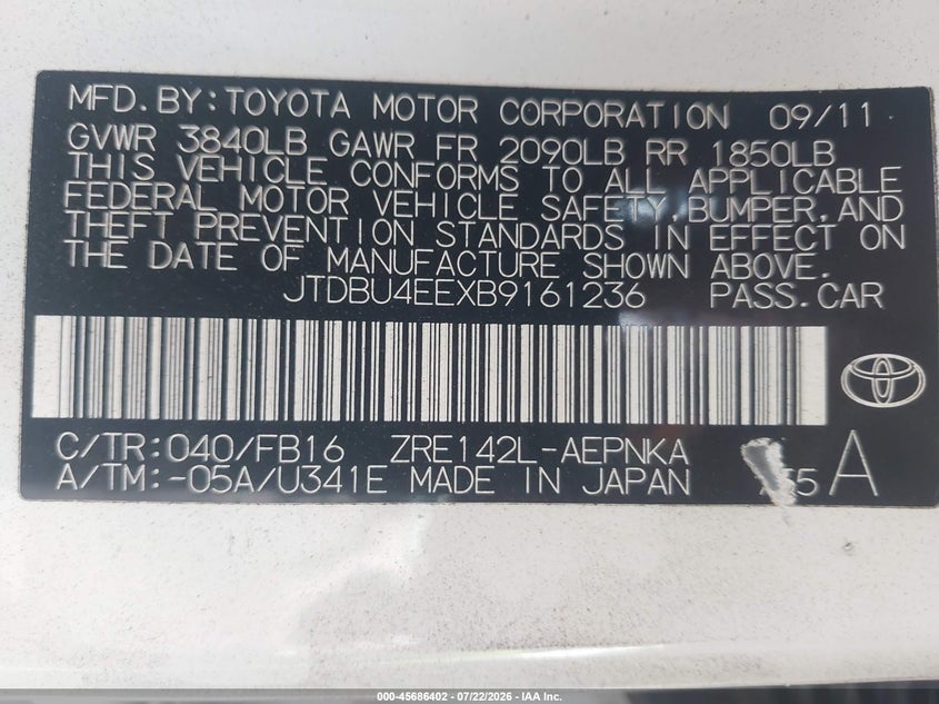 2011 Toyota Corolla VIN JTDBU4EEXB9161236 IAAI salvage auction — FRONT END, Salvage (California), sold $1,450 on 2026-08-07 (photo 9)