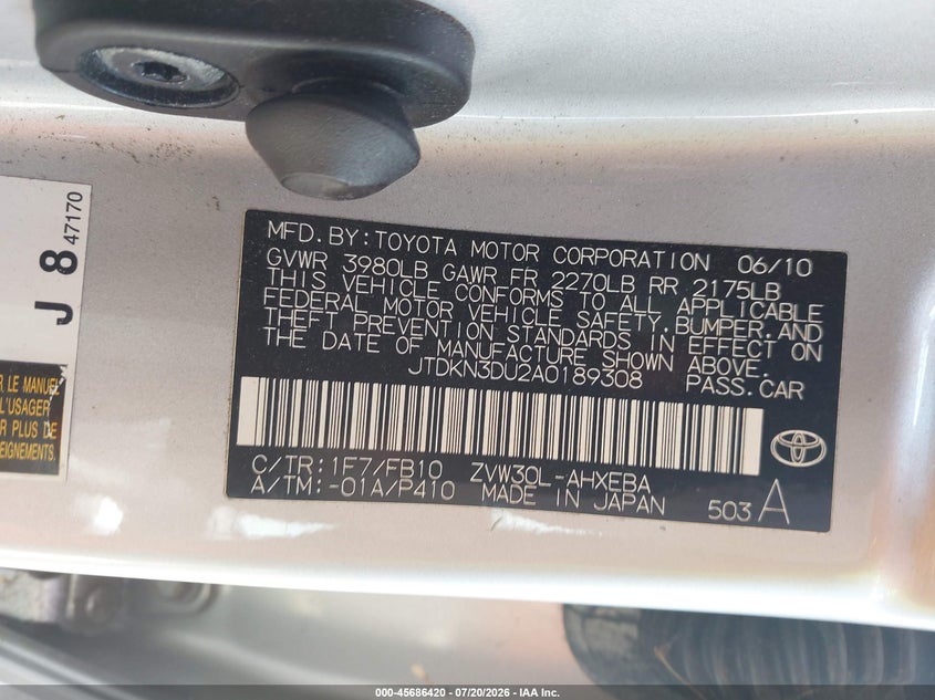 2010 Toyota Prius VIN JTDKN3DU2A0189308 IAAI salvage auction — NORMAL WEAR, Clear-Dealer Only (Washington), sold $2,475 on 2026-07-29 (photo 9)
