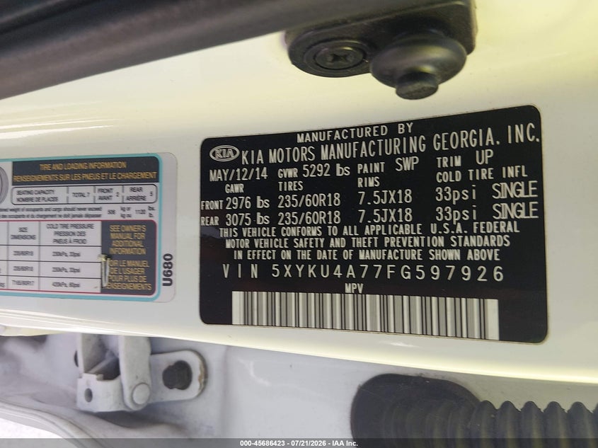 2015 Kia Sorento VIN 5XYKU4A77FG597926 IAAI salvage auction — NORMAL WEAR, Original (Texas), sold $675 on 2026-07-24 (photo 9)