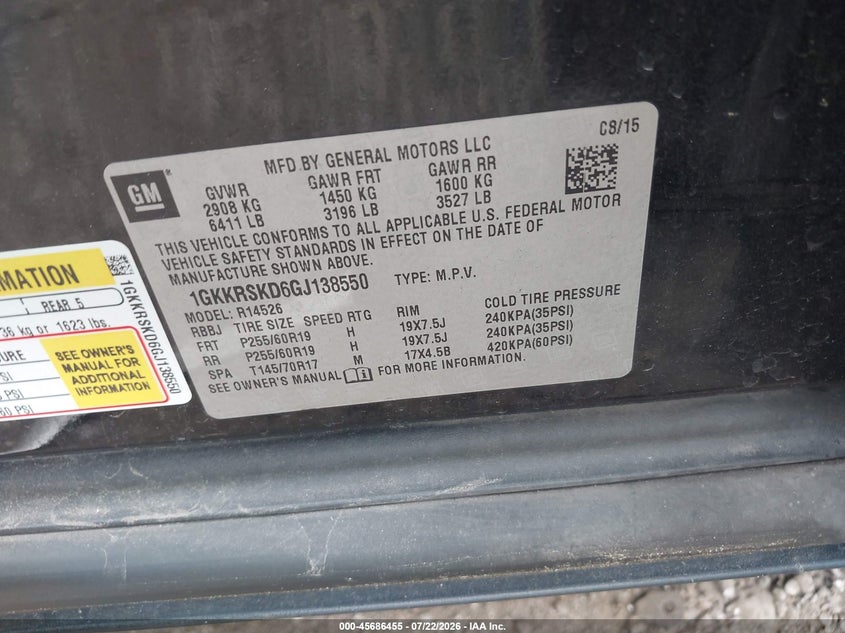 2016 Gmc Acadia VIN 1GKKRSKD6GJ138550 IAAI salvage auction — FRONT END, Clear (Virginia), sold $675 on 2026-08-22 (photo 9)