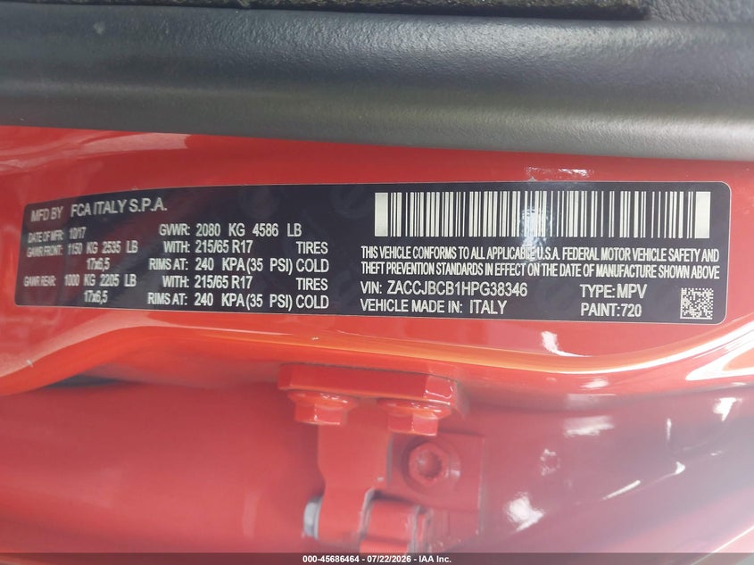 2017 Jeep Renegade VIN ZACCJBCB1HPG38346 IAAI salvage auction — RIGHT FRONT, Wait Title, sold $3,250 on 2026-08-18 (photo 9)