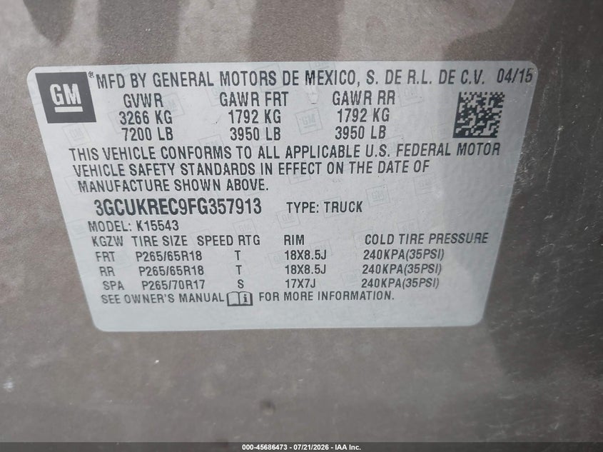 2015 Chevrolet Silverado VIN 3GCUKREC9FG357913 IAAI salvage auction — REAR END, Wait Title, sold $8,200 on 2026-08-01 (photo 9)