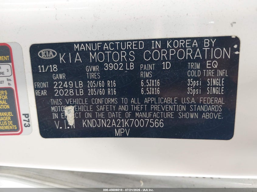 2019 Kia Soul VIN KNDJN2A21K7007566 IAAI salvage auction — NORMAL WEAR, Salvage Title - Dealer (California), sold $325 on 2026-07-28 (photo 9)