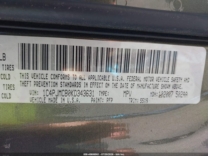 2019 Jeep Cherokee VIN 1C4PJMCB0KD343631 IAAI salvage auction — NORMAL WEAR, Sf97 (New York), sold $14,700 on 2026-08-20 (photo 9)