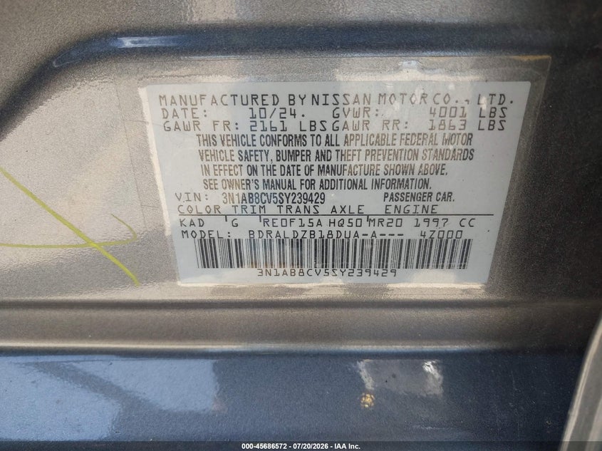 2025 Nissan Sentra VIN 3N1AB8CV5SY239429 IAAI salvage auction — LEFT FRONT, Enterprise Vehicles Clear Only (Illinois), sold $9,600 on 2026-07-29 (photo 9)
