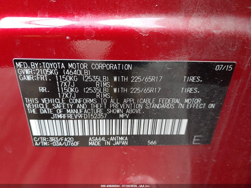 2015 Toyota Rav 4 VIN JTMRFREV9FD152357 IAAI salvage auction — RIGHT FRONT, Clear (Washington), sold $4,050 on 2026-07-28 (photo 9)
