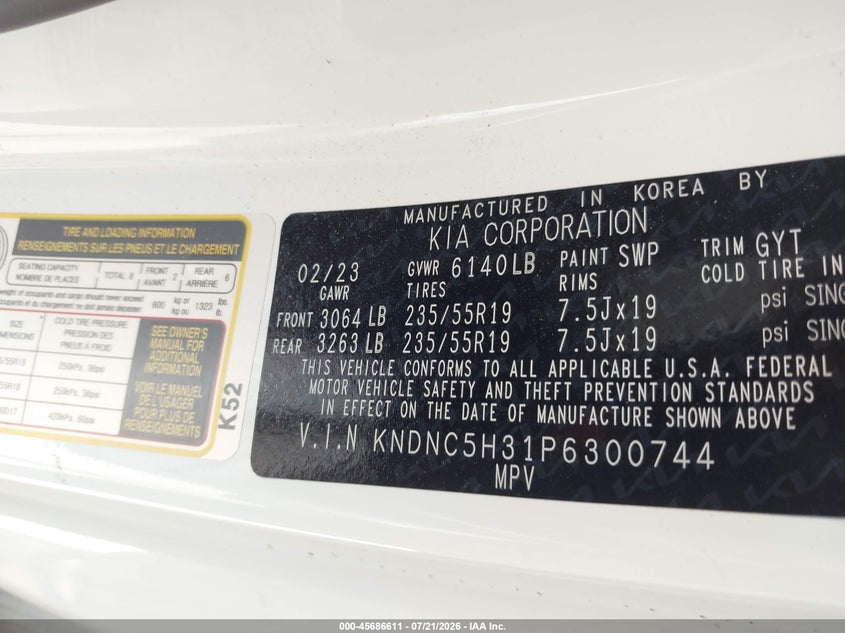 2023 Kia Carnival VIN KNDNC5H31P6300744 IAAI salvage auction — RIGHT REAR, Salvage Title, sold $10,700 on 2026-08-25 (photo 9)