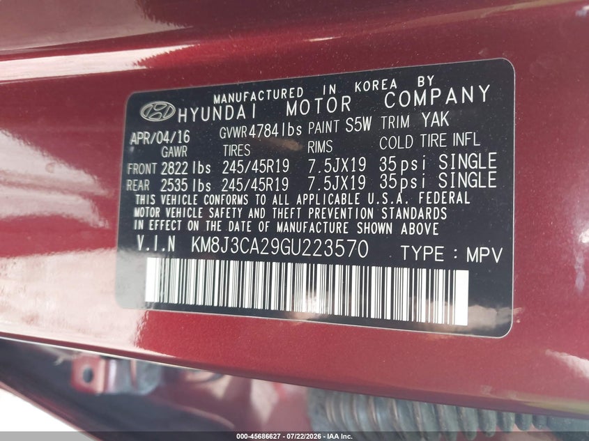 2016 Hyundai Tucson VIN KM8J3CA29GU223570 IAAI salvage auction — NORMAL WEAR, Clear (Pennsylvania), sold $425 on 2026-07-28 (photo 9)