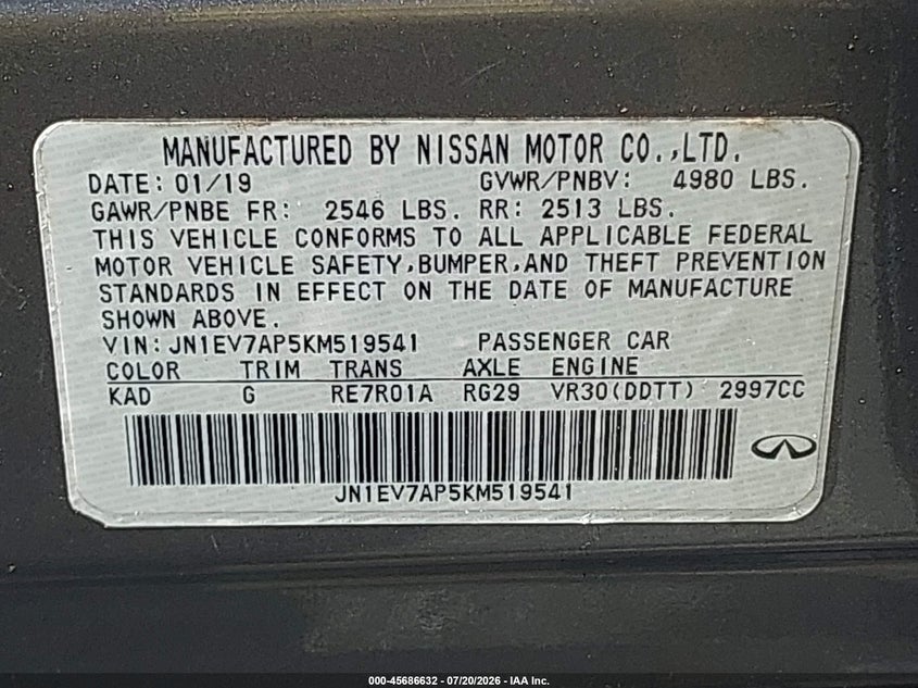 2019 Infiniti Q50 VIN JN1EV7AP5KM519541 IAAI salvage auction — UNKNOWN, Salvage (Florida), sold $9,700 on 2026-08-02 (photo 9)