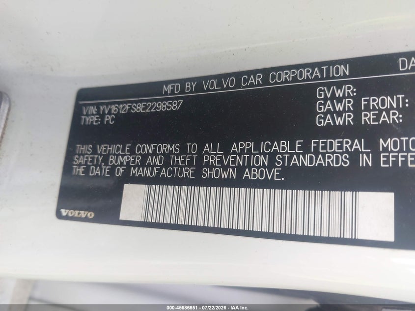 2014 Volvo S60 VIN YV1612FS8E2298587 IAAI salvage auction — FRONT END, Salvage Title, sold $2,025 on 2026-08-18 (photo 9)
