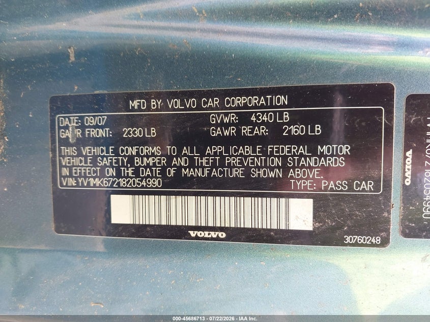 2008 Volvo C30 VIN YV1MK672182054990 IAAI salvage auction — NORMAL WEAR, Original (Maine), sold $25 on 2026-07-27 (photo 9)