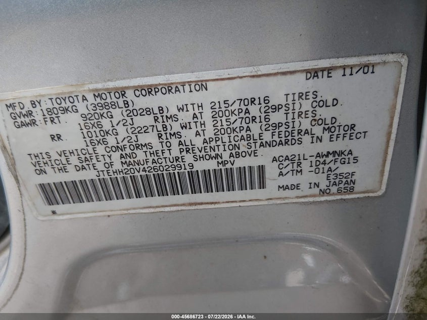 2002 Toyota Rav4 VIN JTEHH20V426029919 IAAI salvage auction — NORMAL WEAR, Clear (Virginia), sold $625 on 2026-07-27 (photo 9)