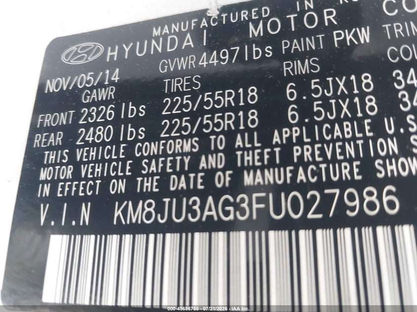 2015 Hyundai Tucson VIN KM8JU3AG3FU027986 IAAI salvage auction — NORMAL WEAR, Clear - Dealer Only (California), sold $1,200 on 2026-07-29 (photo 9)