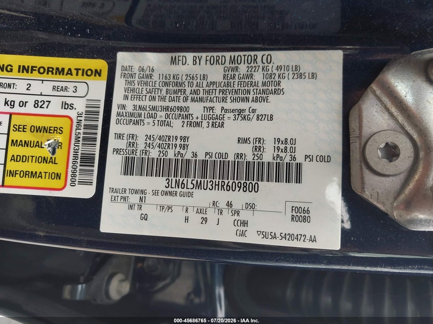 2017 Lincoln Mkz VIN 3LN6L5MU3HR609800 IAAI salvage auction — FRONT END, Wait Title, sold $6,100 on 2026-08-01 (photo 9)