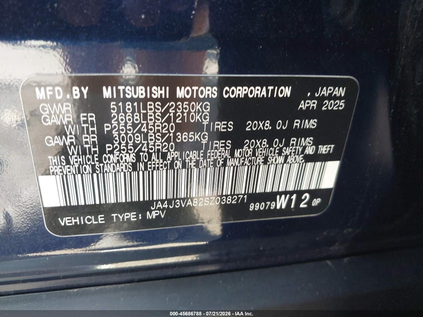 2025 Mitsubishi Outlander VIN JA4J3VA82SZ038271 IAAI salvage auction — LEFT & RIGHT, Enterprise Vehicles Clear Only (California), sold $7,500 on 2026-07-28 (photo 9)