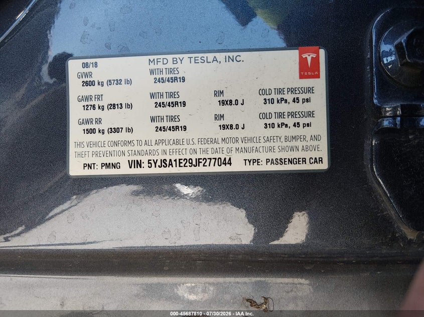 2018 Tesla Model s VIN 5YJSA1E29JF277044 IAAI salvage auction — UNKNOWN, Salvage Title, sold $8,850 on 2026-09-03 (photo 9)