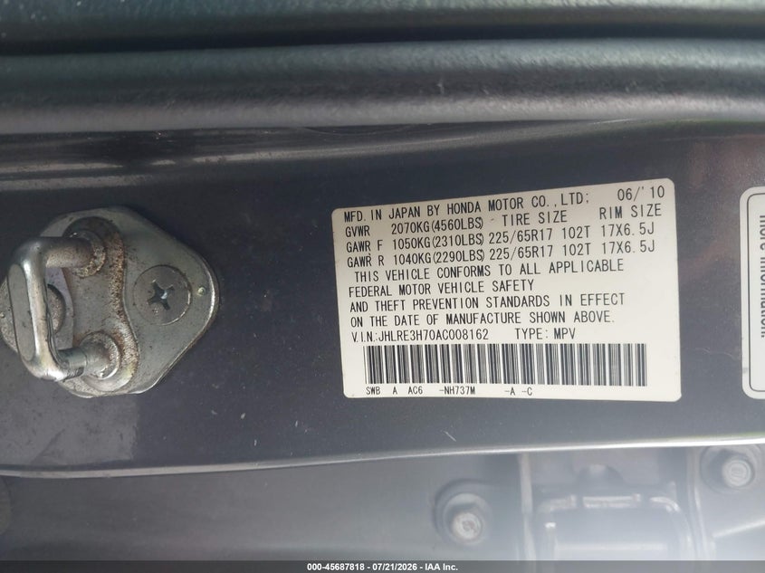 2010 Honda Cr-v VIN JHLRE3H70AC008162 IAAI salvage auction — NORMAL WEAR, Clear (Florida), sold $1,550 on 2026-07-28 (photo 9)