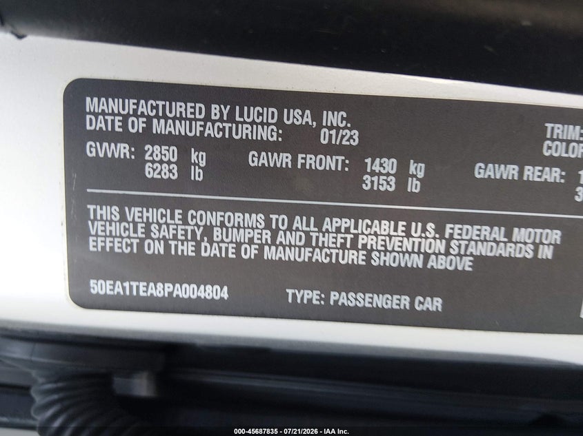 2023 Lucid Air VIN 50EA1TEA8PA004804 IAAI salvage auction — FRONT END, Wait Title, sold $6,250 on 2026-09-03 (photo 9)