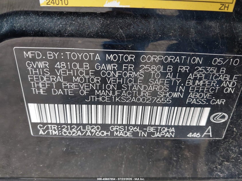 2010 Lexus Gs 350 VIN JTHCE1KS2A0027655 IAAI salvage auction — NORMAL WEAR, Clear (Massachusetts), sold $25 on 2026-07-31 (photo 9)