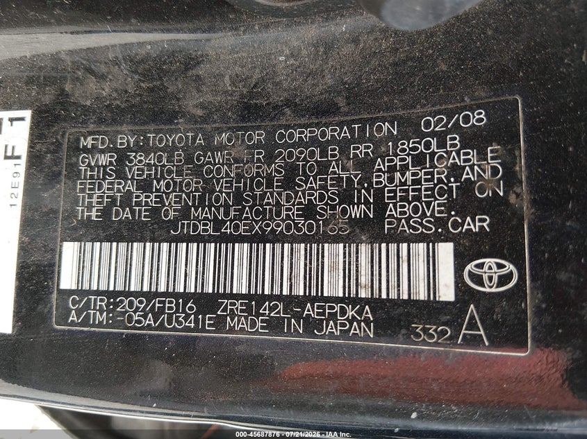 2009 Toyota Corolla VIN JTDBL40EX99030165 IAAI salvage auction — NORMAL WEAR, Peddle Clear Public-Restricted (Oregon), sold $25 on 2026-07-29 (photo 9)