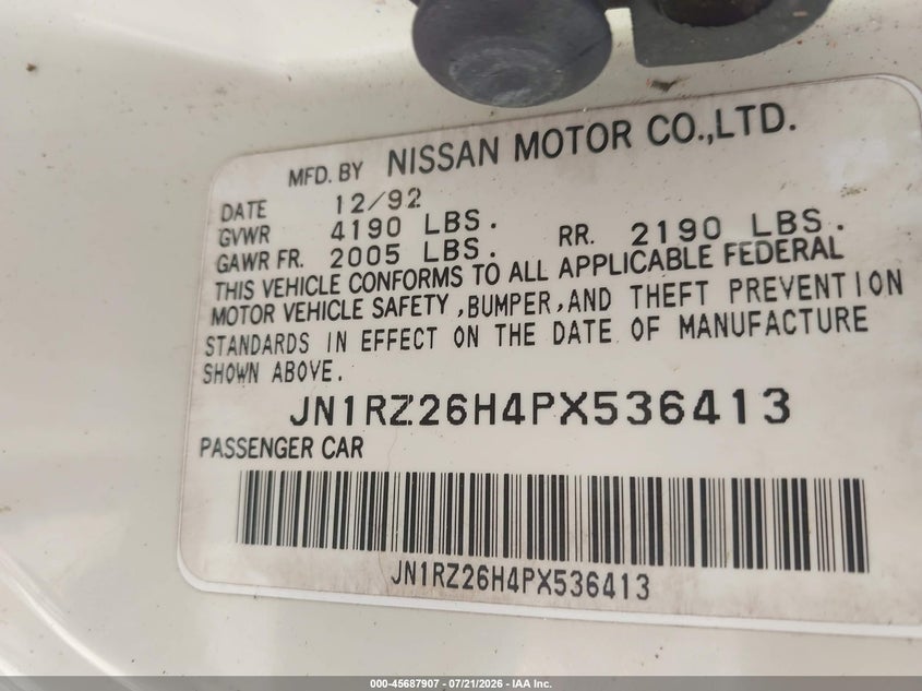 1993 Nissan 300zx VIN JN1RZ26H4PX536413 IAAI salvage auction — NORMAL WEAR, Clear (Washington), sold $75 on 2026-07-29 (photo 9)