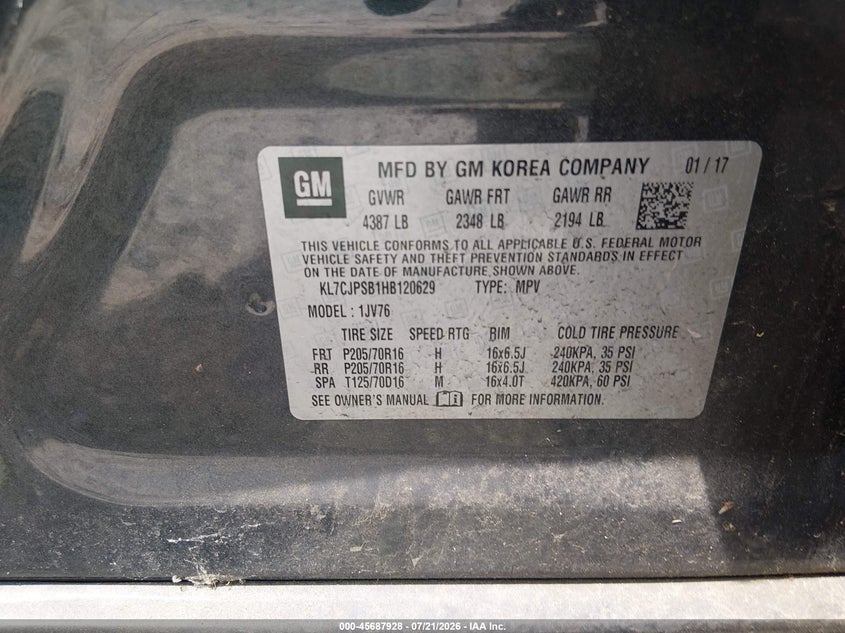 2017 Chevrolet Trax VIN KL7CJPSB1HB120629 IAAI salvage auction — NORMAL WEAR, Clear (New Jersey), sold $225 on 2026-07-28 (photo 9)