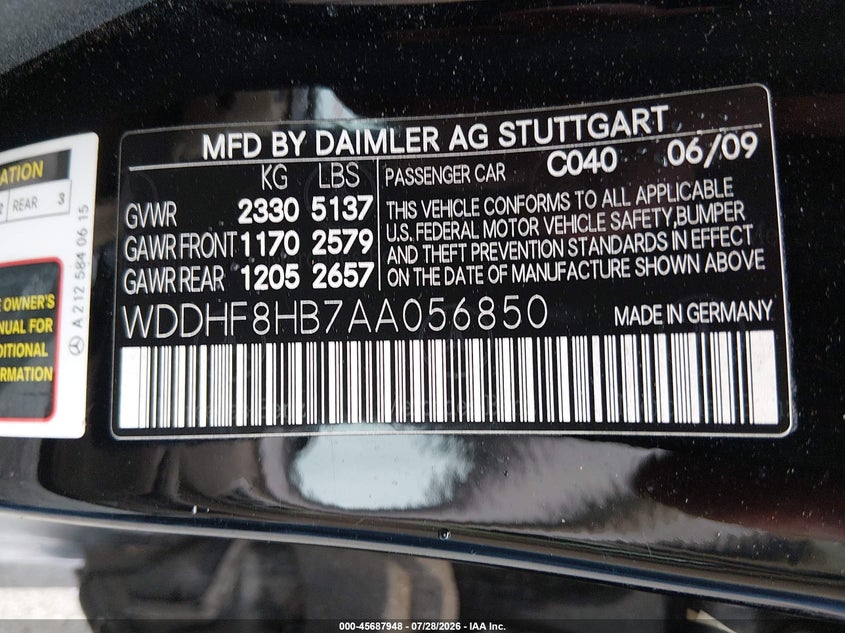 2010 Mercedes-benz E-class VIN WDDHF8HB7AA056850 IAAI salvage auction — NORMAL WEAR, Clear (Delaware), sold $725 on 2026-08-03 (photo 9)