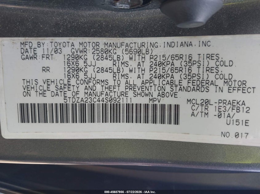 2004 Toyota Sienna VIN 5TDZA23C44S092111 IAAI salvage auction — NORMAL WEAR, Clear (Maryland), sold $400 on 2026-07-30 (photo 9)