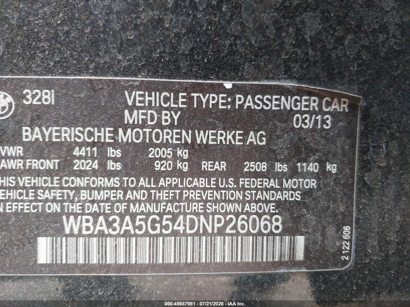 2013 BMW 3 series VIN WBA3A5G54DNP26068 IAAI salvage auction — NORMAL WEAR, Clear-Dealer Only (Arizona), sold $25 on 2026-07-28 (photo 9)