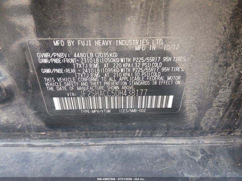 2013 Subaru Forester VIN JF2SHACC5DH438177 IAAI salvage auction — NORMAL WEAR, Salvage Rebuilt (North Carolina), sold $25 on 2026-07-29 (photo 9)