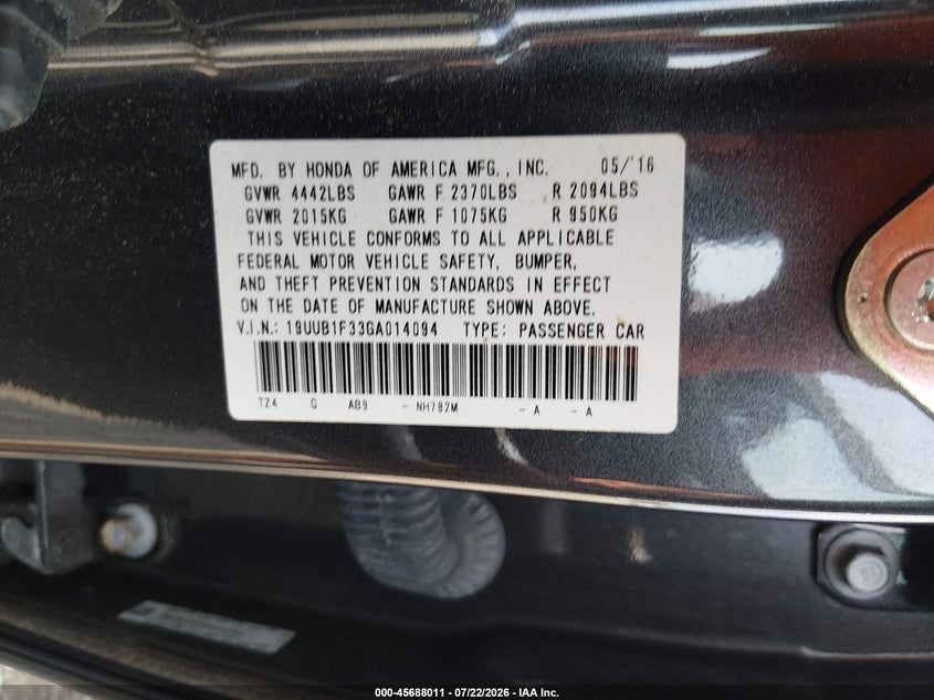 2016 Acura Tlx VIN 19UUB1F33GA014094 IAAI salvage auction — REAR END, Salvage (Pennsylvania), sold $2,750 on 2026-08-02 (photo 9)